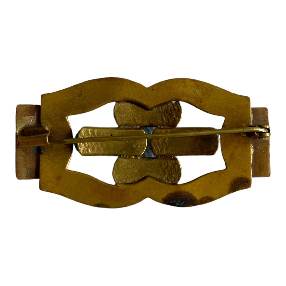 1930s Art Nouveau Gold Tone Geometric Pattern Metal with Turquoise Glass - Picture 2 of 8